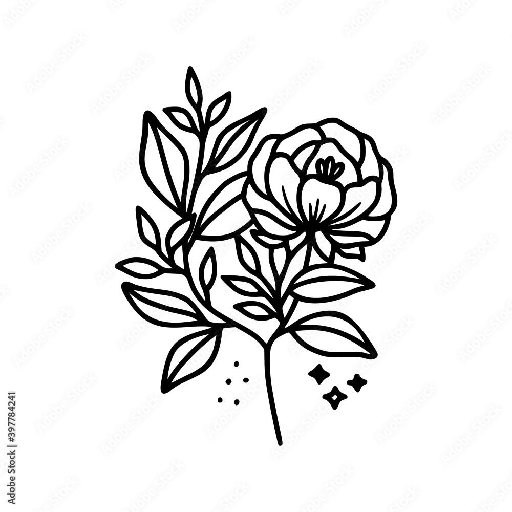 Fototapeta premium Hand drawn rose, peony flower and botanical leaf branch illustration. Black line art vector feminine logo. Symbol and icon for wedding, business card, cosmetics, jewel, brand, and beauty products