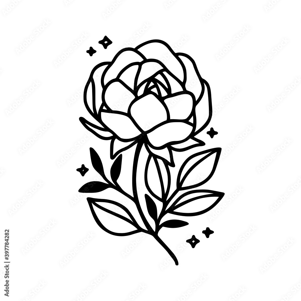 Hand drawn rose, peony flower and botanical leaf branch illustration. Black line art vector feminine logo. Symbol and icon for wedding, business card, cosmetics, jewel, brand, and beauty products Hand drawn rose, peony flower and botanical leaf branch illustration. Black line art vector feminine logo. Symbol and icon for wedding, business card, cosmetics, jewel, brand, and beauty products