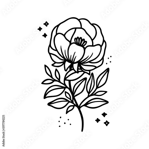 Hand drawn rose, peony flower and botanical leaf branch illustration. Black line art vector feminine logo. Symbol and icon for wedding, business card, cosmetics, jewel, brand, and beauty products
