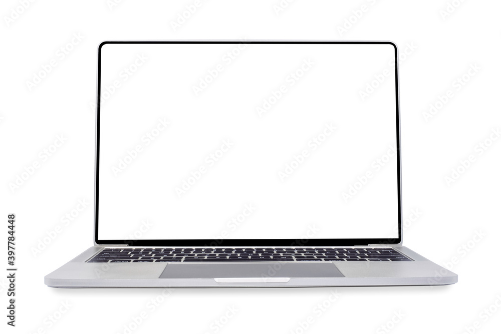 Front view of Open laptop computer. Modern thin edge slim design. Blank white screen display for mockup and gray metal aluminum material body isolated on white background with clipping path. Front view of Open laptop computer. Modern thin edge slim design. Blank white screen display for mockup and gray metal aluminum material body isolated on white background with clipping path.