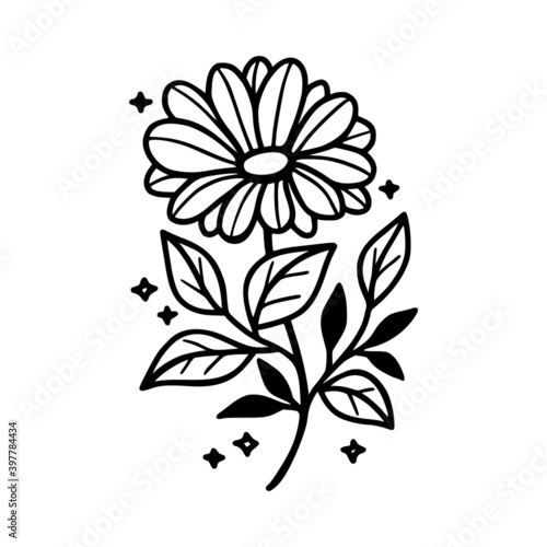 Hand drawn daisy, gerbera flower and botanical leaf branch illustration. Black line art vector feminine logo. Symbol and icon for wedding, business card, cosmetics, jewel, brand, and beauty products