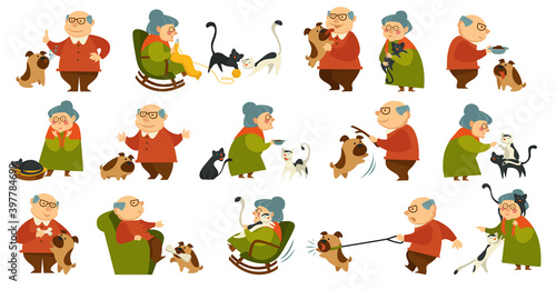 Grandmother and grandfather with cats and dogs