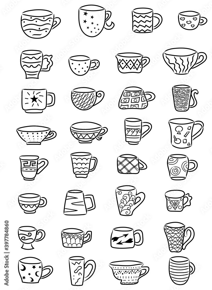 Cups line icon set. Hand drawn vector illustration set. Black outline. Coffee and tea cups doodle.