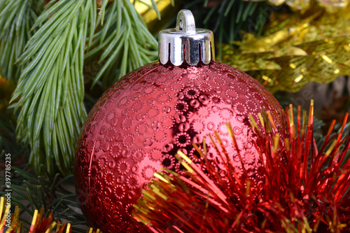 Christmas frame, greeting card. New year balls, gifts or present box and holiday decoration. Happy New Year composition.