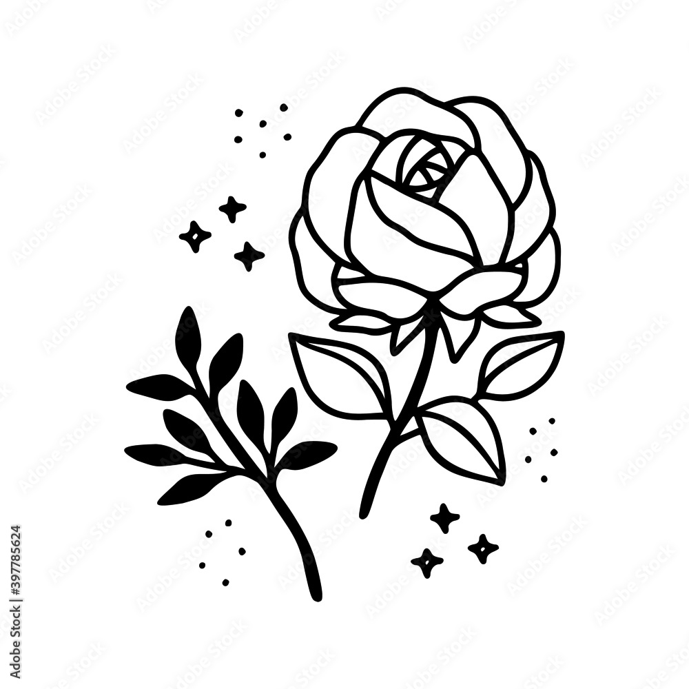Hand drawn rose flower and botanical leaf branch illustration. Black line art vector feminine logo. Symbol and icon for wedding, business card, cosmetics, jewel, brand, and beauty products