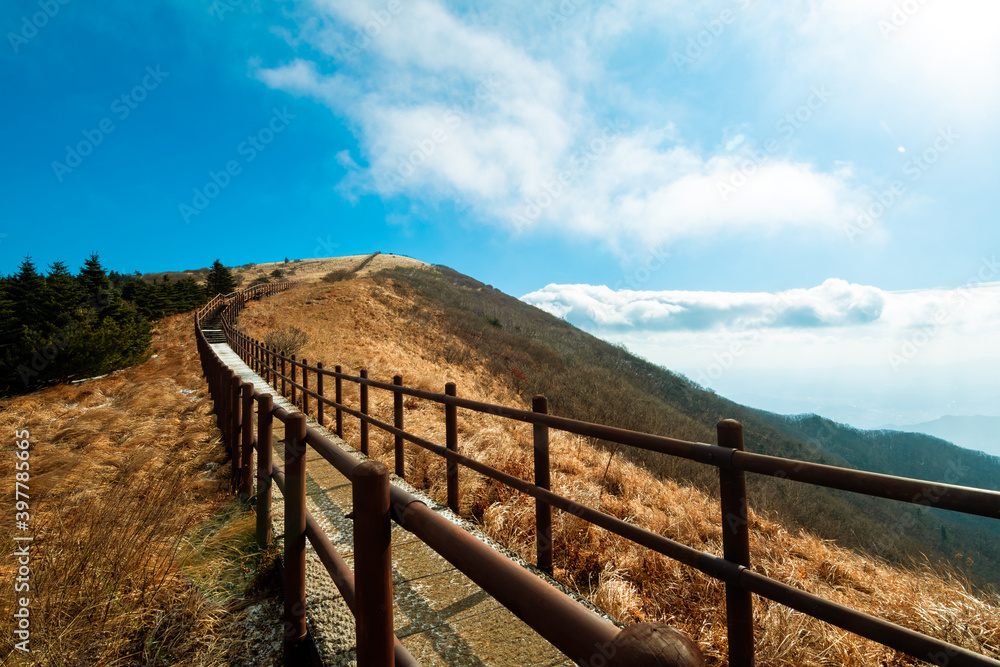 Mountain ridge of Sobaek Mountain. From Sobaeksan National Park in Danyang, South Korea. 