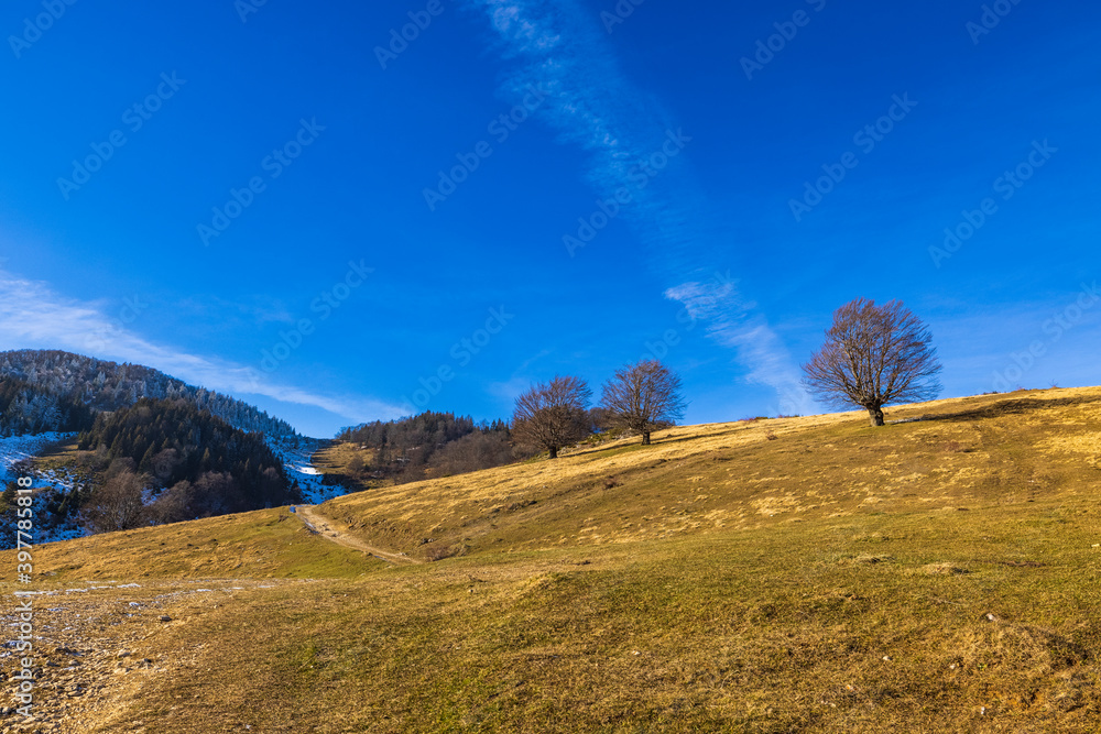 Beautiful mountain landscape in the Carpathian Mountains Romania at the transition from autumn to winter.