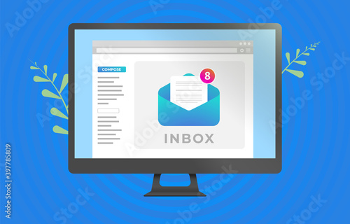 Email inbox message interface on the computer screen. Notification of new unread mails icon. E-mail communication software for business concept. Vector illustration with blue background. photo