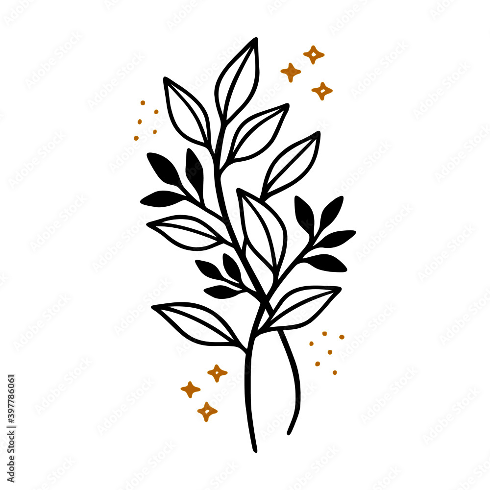 Fototapeta premium Hand drawn floral & botanical leaf branch illustration. Black line art vector feminine logo. Symbol and icon for wedding, business card, cosmetics, jewel, brand, and beauty products