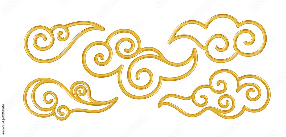 Fototapeta premium Set of realistic golden shiny chinese traditional symbols of clouds. Vector illustration
