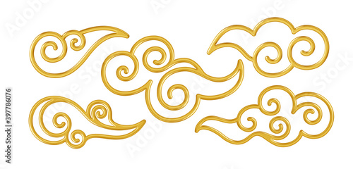 Set of realistic golden shiny chinese traditional symbols of clouds. Vector illustration