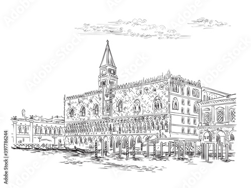 Venice skyline hand drawing vector illustration Doges Palace