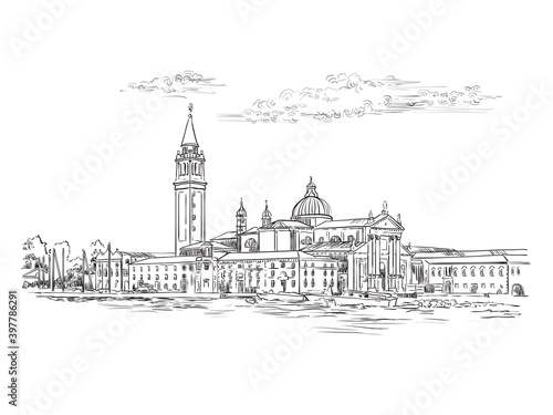 Venice skyline view hand drawing vector illustration panorama