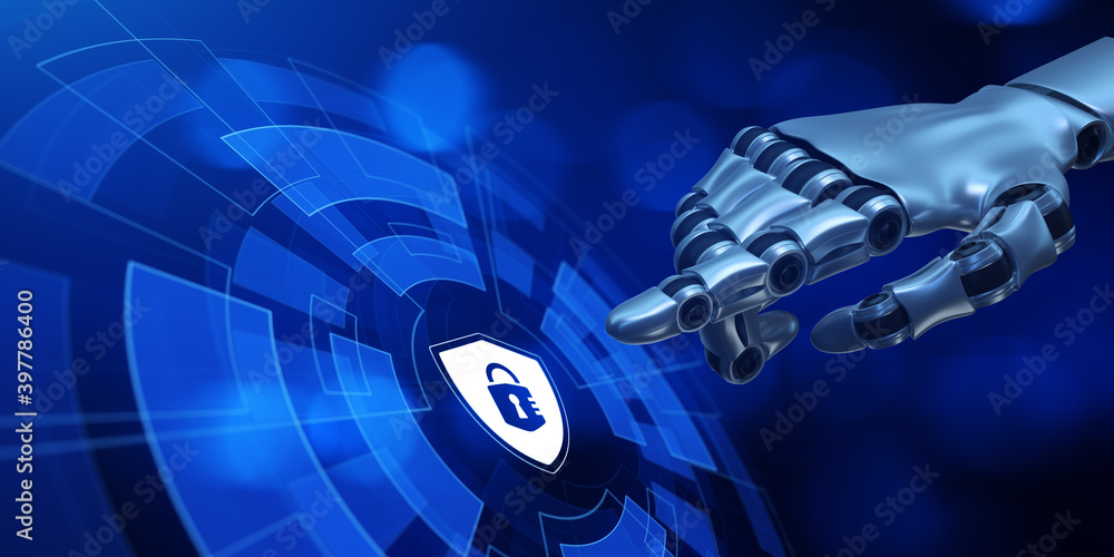 Fototapeta premium Cyber security information privacy data protection. Robotic hand pressing button 3d render.
