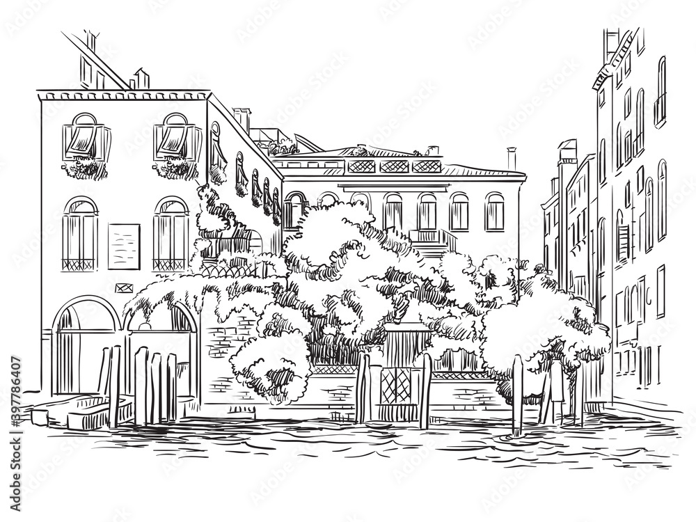 Venice cityscape hand drawing vector illustration canal and house