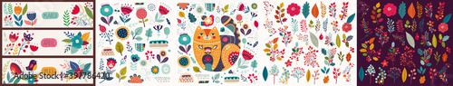 Beautiful romantic floral collection with cat,  flowers, leaves, floral bouquets, flower compositions. 
