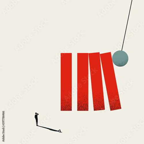 Business crisis or risk vector concept. Domino effect, falling bricks pushed demolition ball. Symbol of crash, failure.
