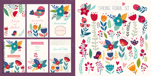 Beautiful romantic floral collection with flowers, leaves, floral bouquets, flower compositions. Save the Date cards
