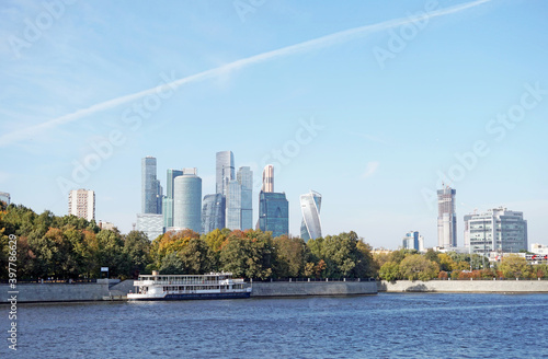 View of the Moscow River and the modern international business district Moscow-City