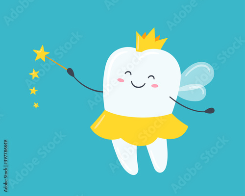 Children tooth fairy. Cute tooth with wings, a crown and a magic wand. Vector illustration in cartoon style