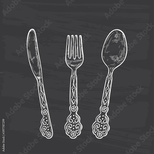 Vintage Cutlery set. Hand drawn Sketch spoon, fork, knife, top view Vector illustration
