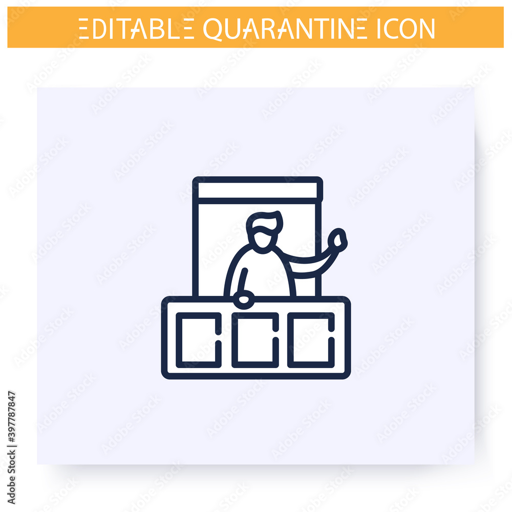 Self isolation line icon. Man greets neighbors from balcony. Lockdown.Covid19 virus spread prevention. Global viral pandemic fight. Stay home concept. Isolated vector illustration. Editable stroke