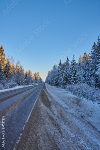 Car paved road in the middle of a snow-covered forest under a bright blue sky.