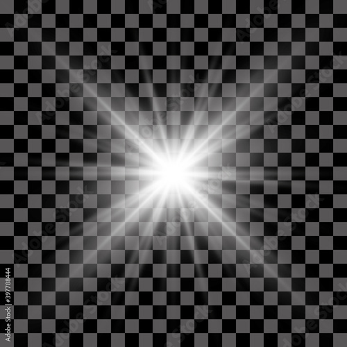 White beautiful light explodes with a transparent explosion. Vector, bright illustration for perfect effect with sparkles. Bright Star. Transparent shine of the gloss gradient, bright flash. © David