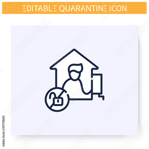House leave prohibition line icon. Man staying home. Quarantine. Social isolation and covid19 virus spread prevention. Global viral pandemic fight. Isolated vector illustration. Editable stroke 