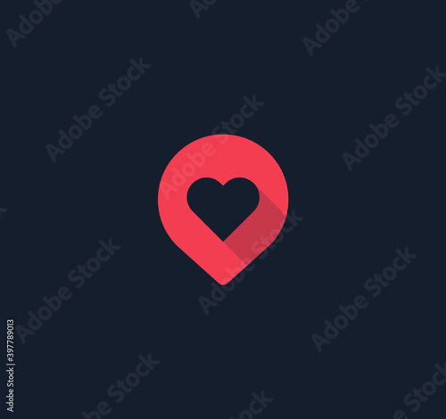 Red Pin button with heart flat icon, map pointer, favorite places. Love pointer, dating service, love search service logo concept. isolated vector minimal design