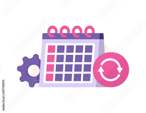 concept icon daily updates, automatic synchronization, refresh schedule. illustration of calendar, recycling symbol, gears. flat style. design elements