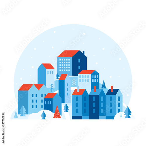 Winter urban landscape in a minimal geometric style. Festive snow city. Cozy houses on a hill among Christmas trees and snowdrifts. New year and Christmas landscape. Abstract vector flat illustration.