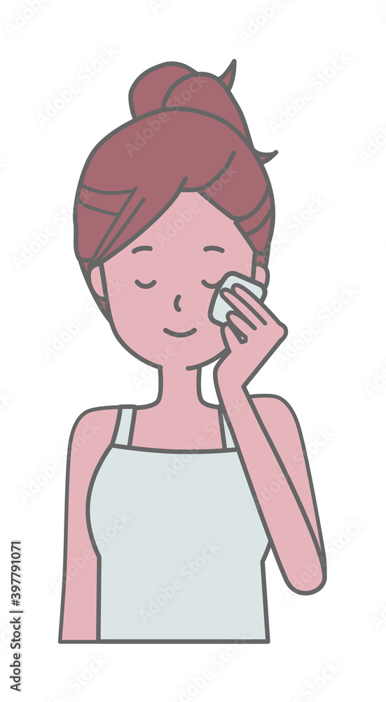 コットンでメイクを落とす女性のイラスト コットンでメイクを落とす女性のイラスト