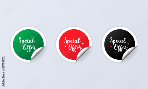 Special offer icon. Sticker set. Discount vector. Special offer labels set. Black, red and white round circle tags. Sale tags badges template. Discount promotion. Vector illustration. EPS10