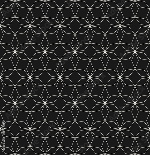 Abstract monochrome geometric seamless pattern in Asian style. Thin lines texture, elegant floral lattice, grid. Subtle dark oriental style background. Black and white ornament. Vector repeat design