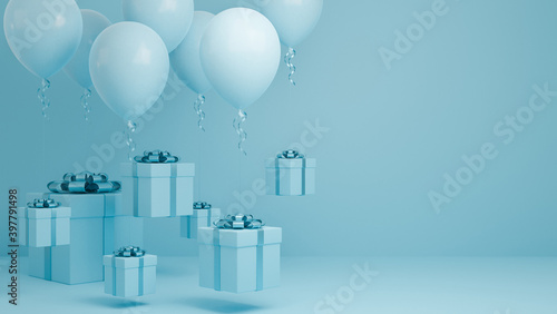 Many Gift box Fly in air with balloon and blue ribbon pastel background.,Christmas and happy new year background concept.,3d model and illustration.