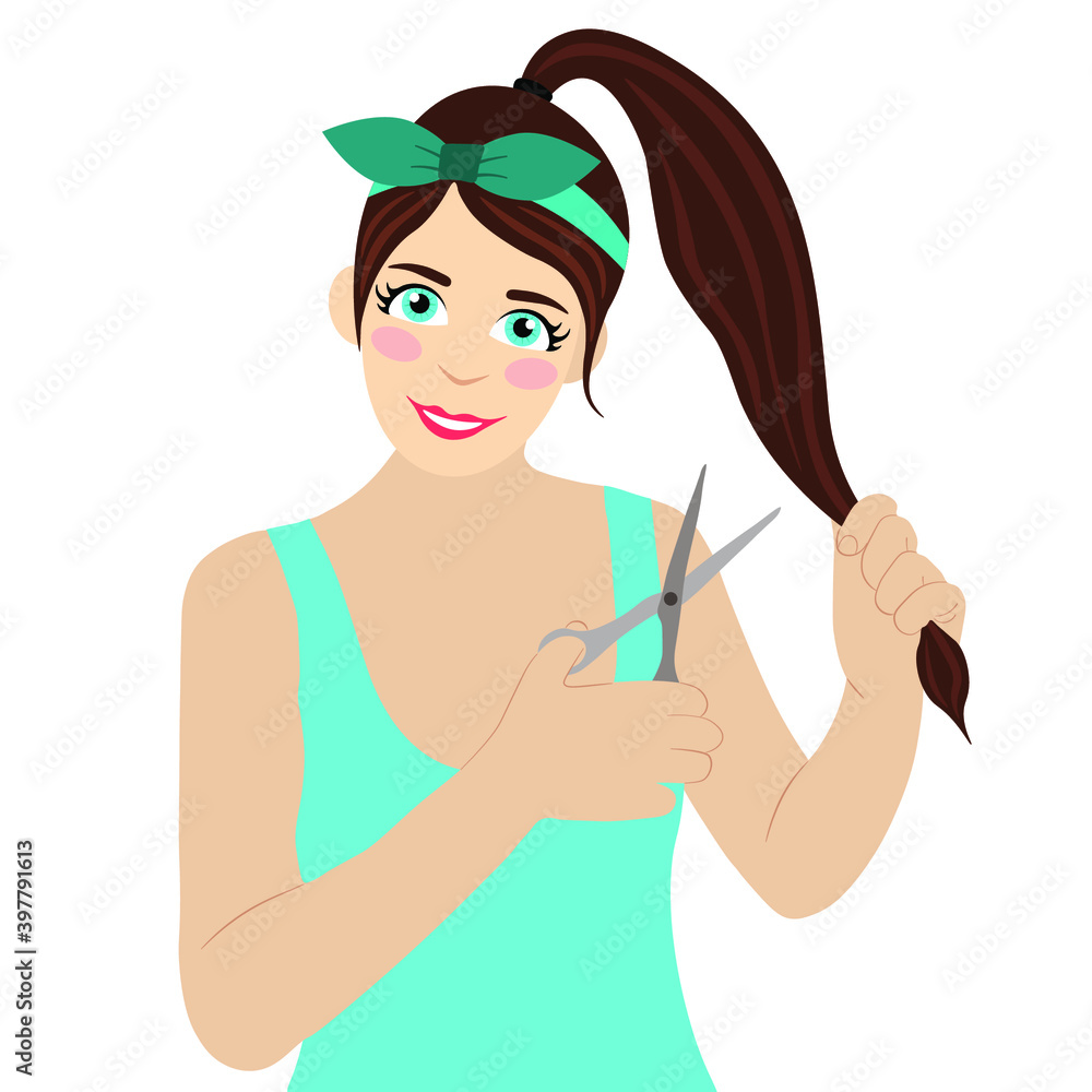 Portrait of a girl with a ponytail hairstyle and with scissors in her hands