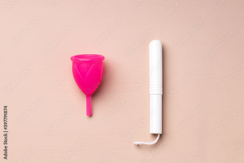Top view of menstrual cup and medical tampon Top view of menstrual cup and medical tampon