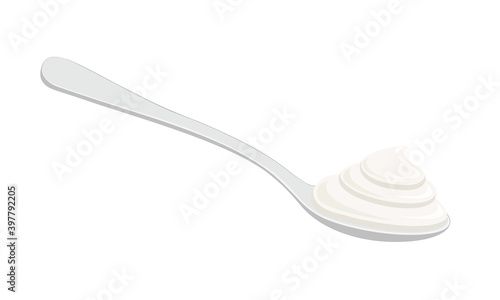 Metal spoon with greek yogurt, sour cream or whipped cream isolated on white background. Dairy based dessert or souce. Vector illustration.