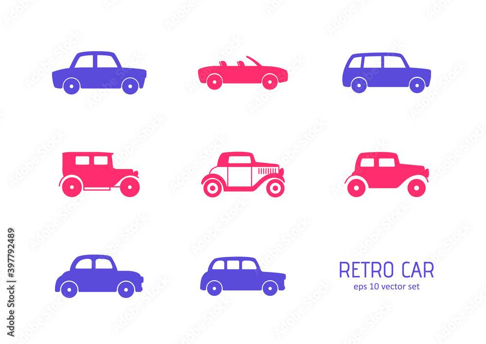 First cars - vector icons set.