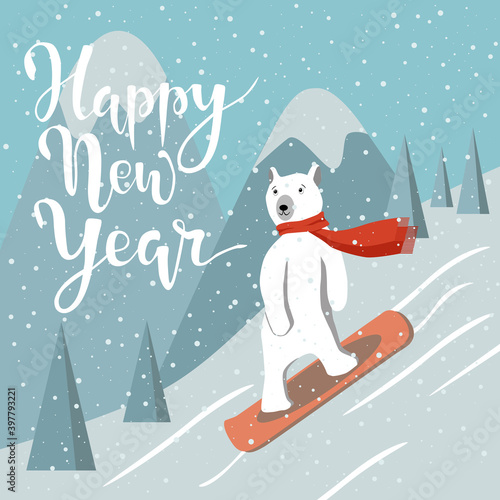 Polar bear glides on snow on the board against mountains. Cute animal wears red scarf, snowboarding competitions. Vector ilustration in cartoon flat style. Happy new year brush lettering.