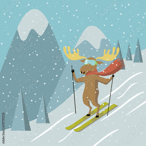 Winter landscape with Skiing elk. Moose rolls down on the ski against mountains. Cute animal wears scarf and goggles. Vector cartoon illustration in flat style.