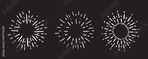 Sun rays images on black background. Firework hand drawn icons set. Vector. 