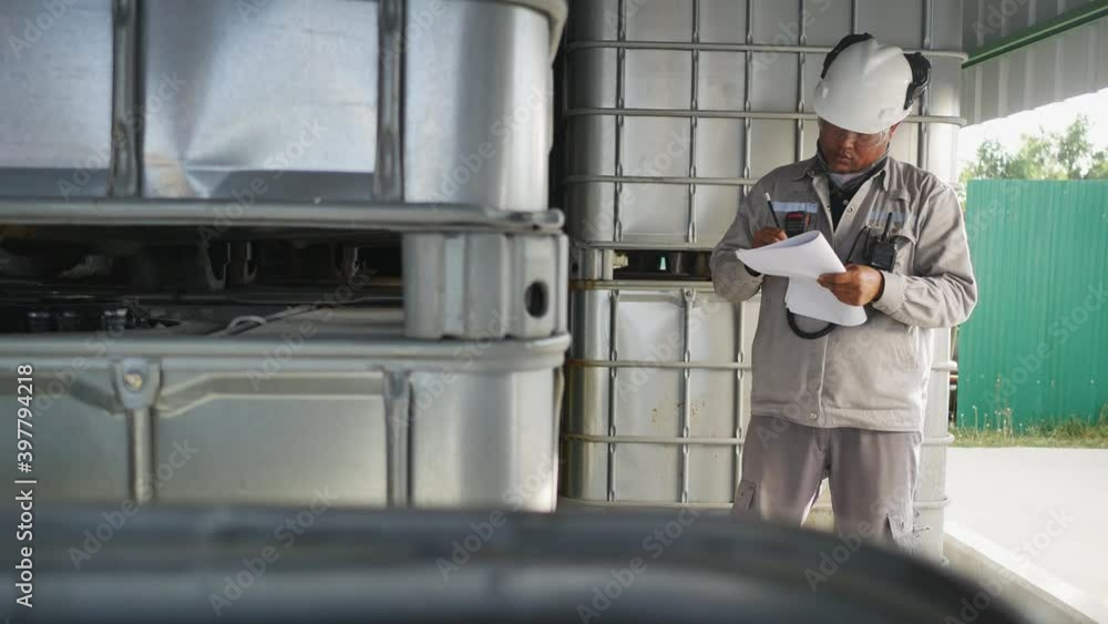 Inspectors are checking the amount of chemicals stored in the warehouse and documenting the inspection. Inspectors are checking the amount of chemicals stored in the warehouse and documenting the inspection.