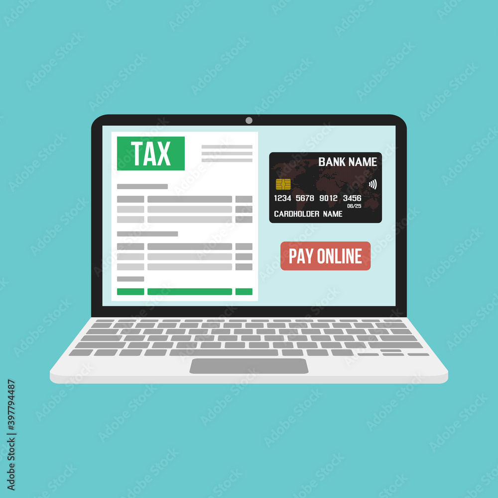 laptop with electronic tax form and pay online button, flat vector concept laptop with electronic tax form and pay online button, flat vector concept