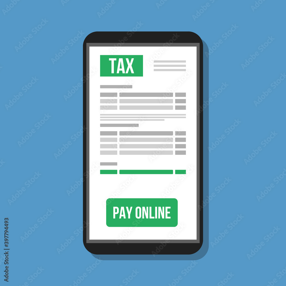 mobile phone with electronic tax form and pay online button, flat vector concept mobile phone with electronic tax form and pay online button, flat vector concept