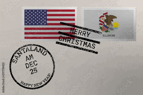 Postage stamp envelope with Illinois and US flag, Christmas and New Year stamps, vector