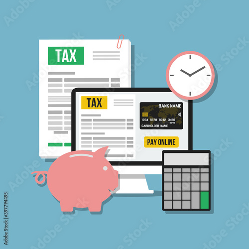 pay online tax, vector concept with computer display
