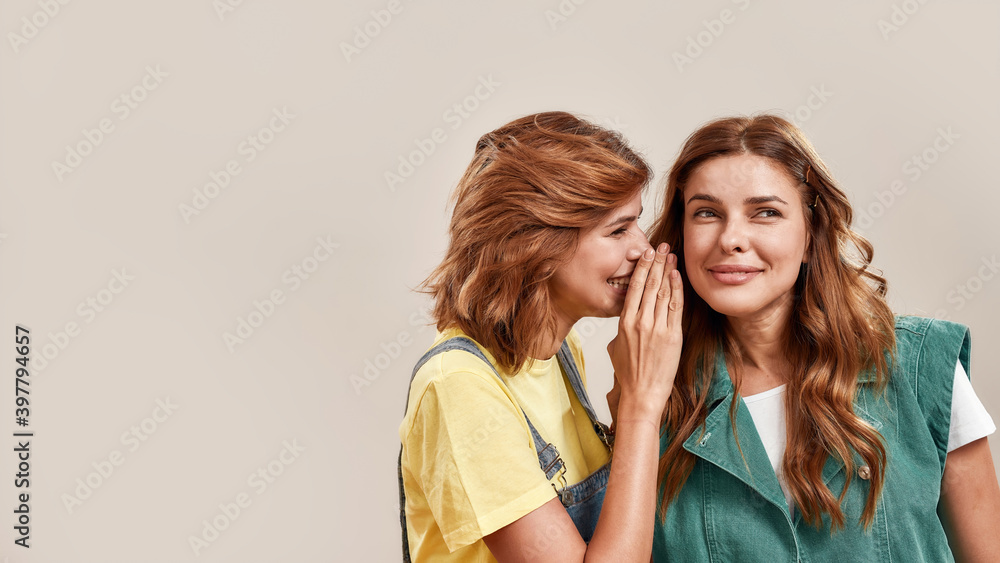 Close up portrait of two attractive young girls, twin sisters in casual wear telling secrets, gossiping, standing isolated over light background Close up portrait of two attractive young girls, twin sisters in casual wear telling secrets, gossiping, standing isolated over light background