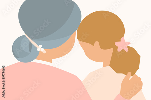 Grandmother and grandchild sharing a special moment. Over the shoulder view. Flat vector illustration.
